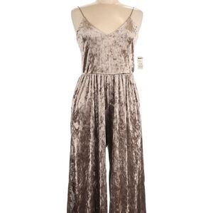 Velvet Spaghetti-Strap Wide-Leg Jumpsuit in Silver Metallic